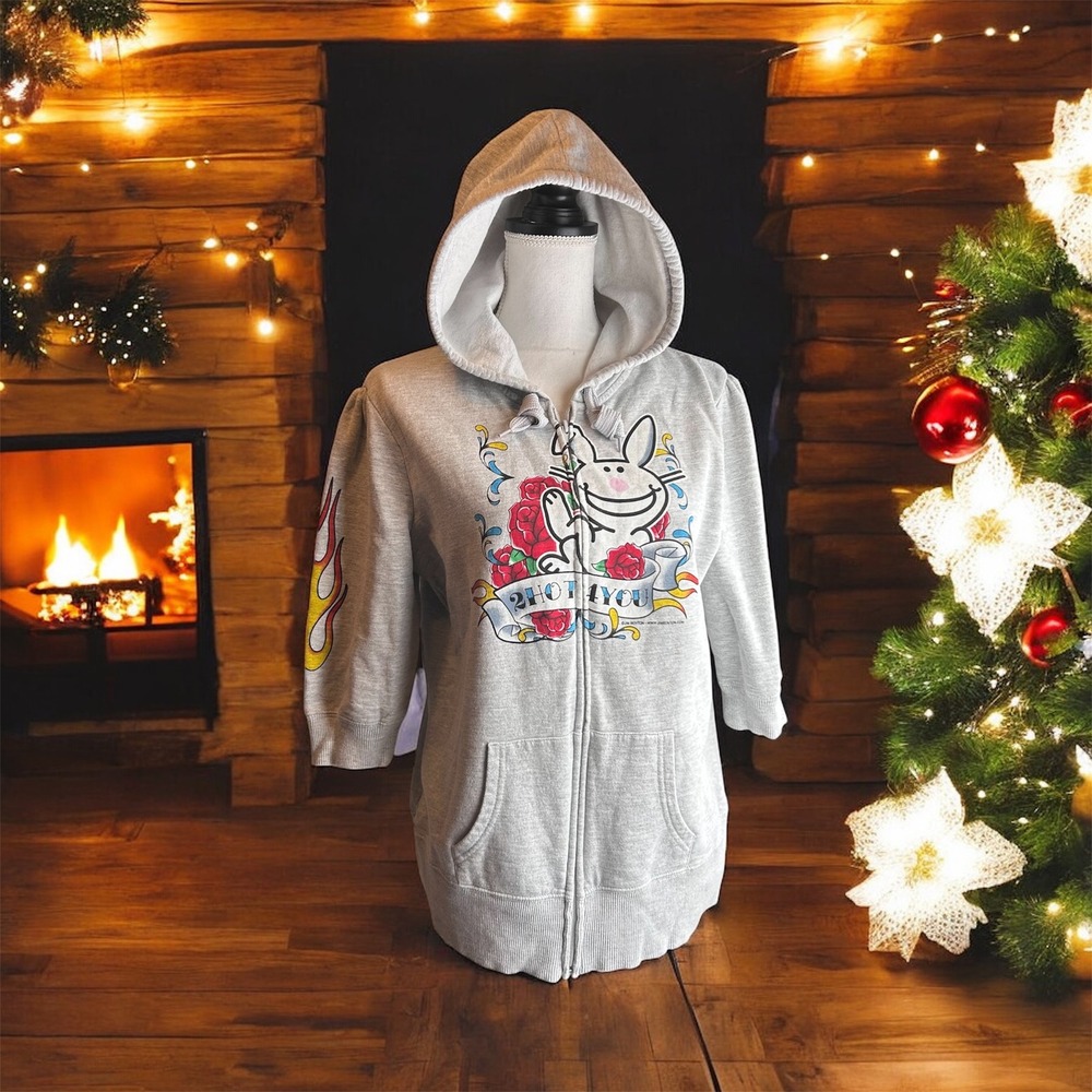 Vintage Y2K It's Happy Bunny Junior XL Women's L Grey Zip Up Hoodie 3/4 Sleeve